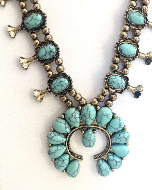 Squash Blossom Turquoise and Burnt Gold Necklace