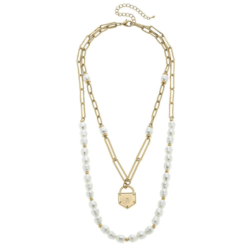 Kaiya Layered Pearls & Padlock Necklace - Worn Gold