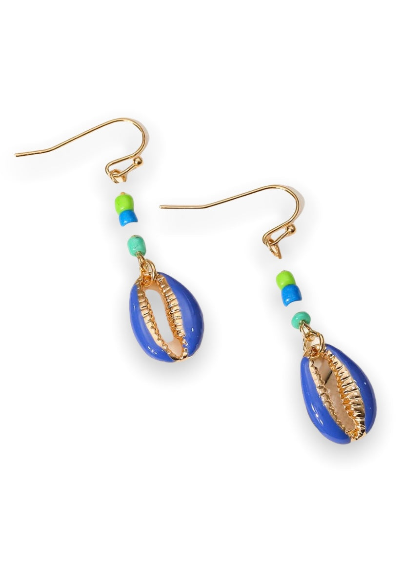 Enamel Cowrie Shell Drop Earrings- Blue