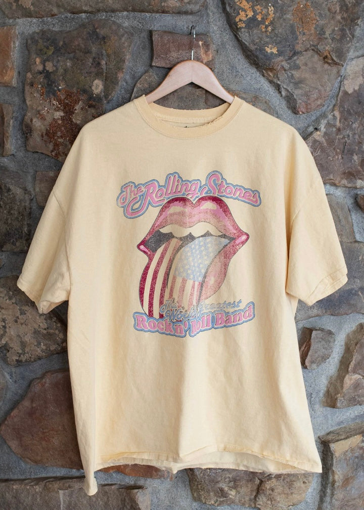 Rolling Stones World's Greatest Band Yellow Thrifted Distressed Tee