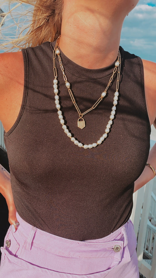 Kaiya Layered Pearls & Padlock Necklace - Worn Gold